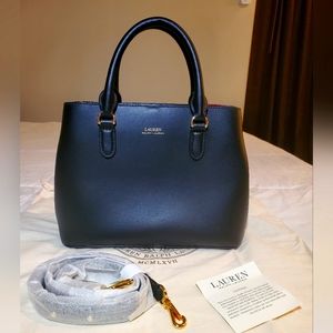 NWOT Lauren Ralph Lauren Dryden Marcy II Leather Black/Red Satchel